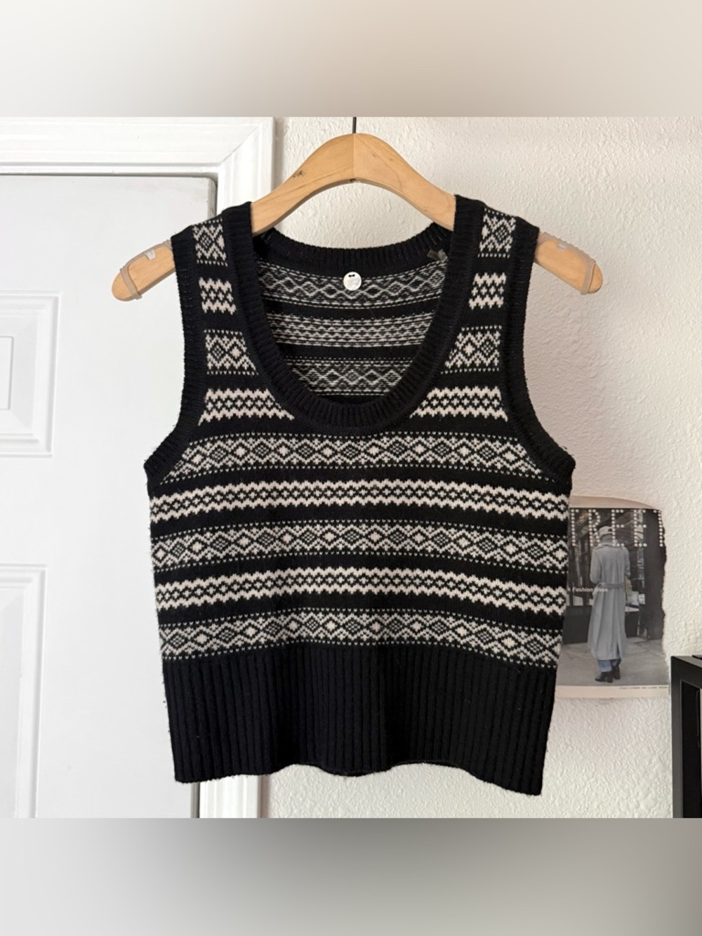 MARGARET O’LEARY black white merino wool argyle striped cropped‎ sweater vest